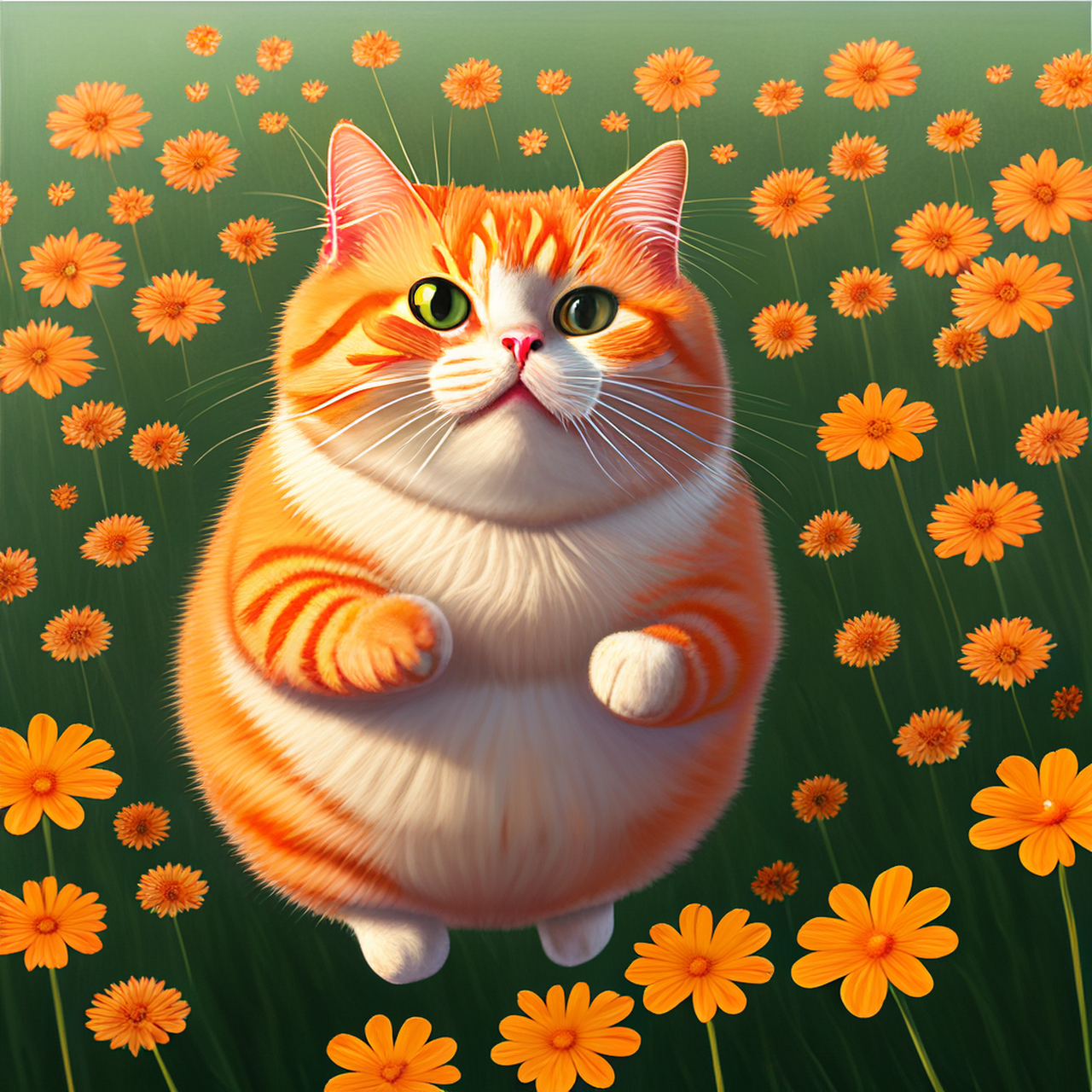 百度ai绘图黑科技# #ai绘画# #猫咪# 一只胖胖的橘猫在花海中玩耍