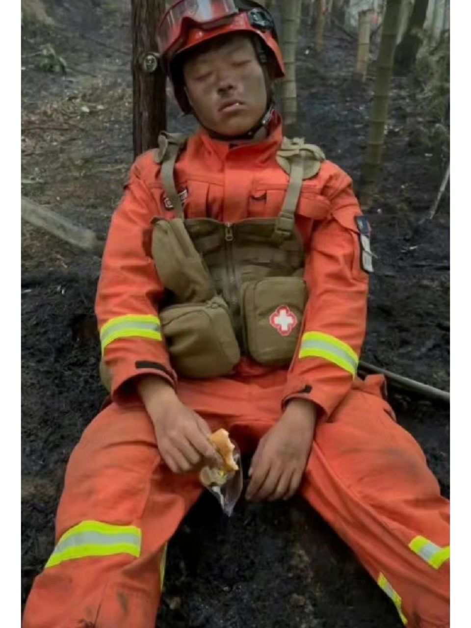 致敬消防英雄!  -位森林消防员连续灭火11个小时,拿着面包睡着了.