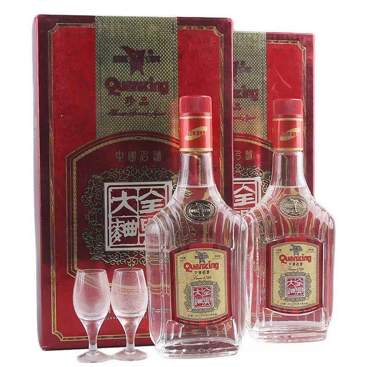 珍品全兴大曲(已停产):1996年推出全兴大曲高端版,瓶型有圆扁瓶和方扁