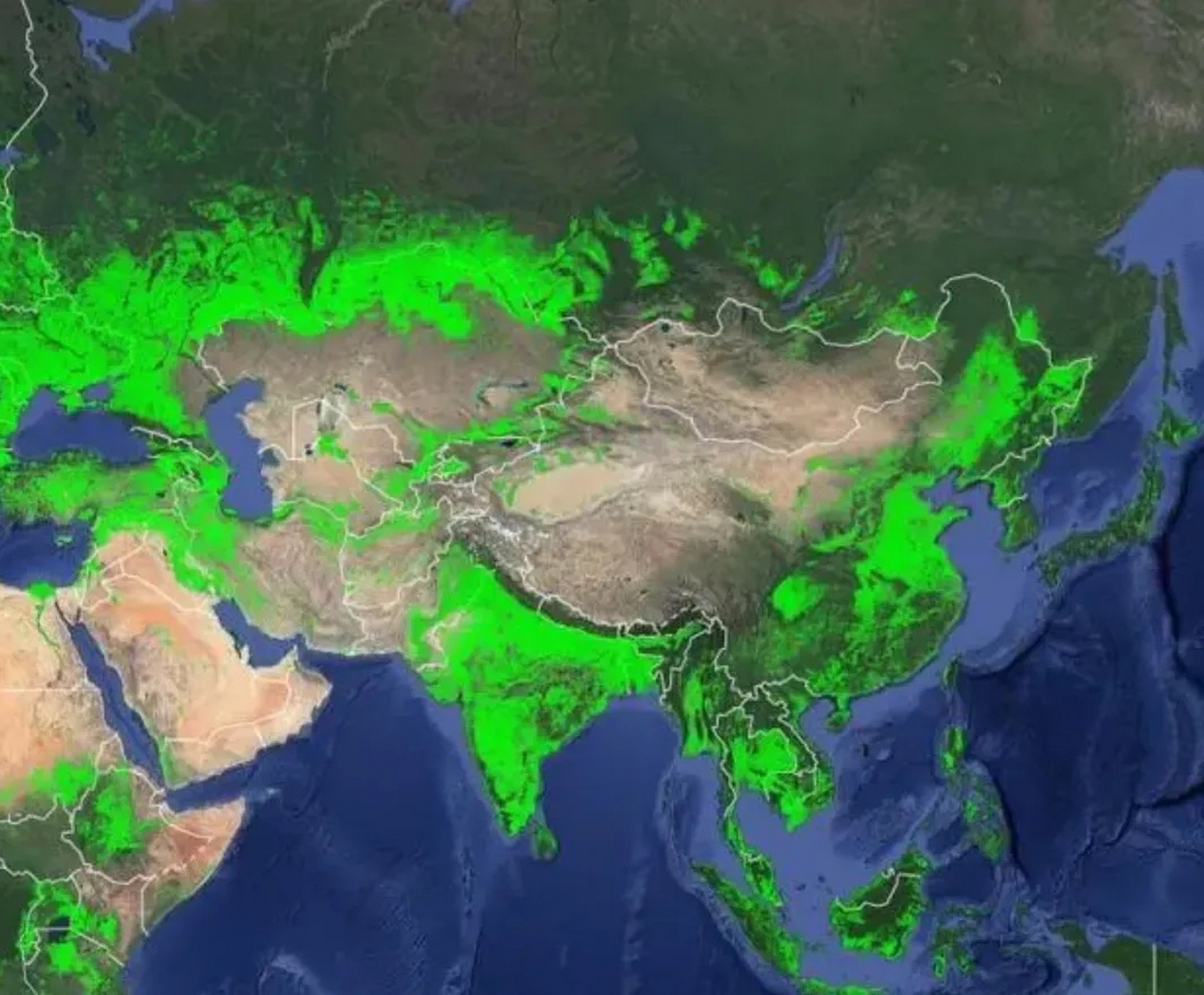 亚洲耕地分布情况,亮绿色区域为耕地地区,印度是亮点!