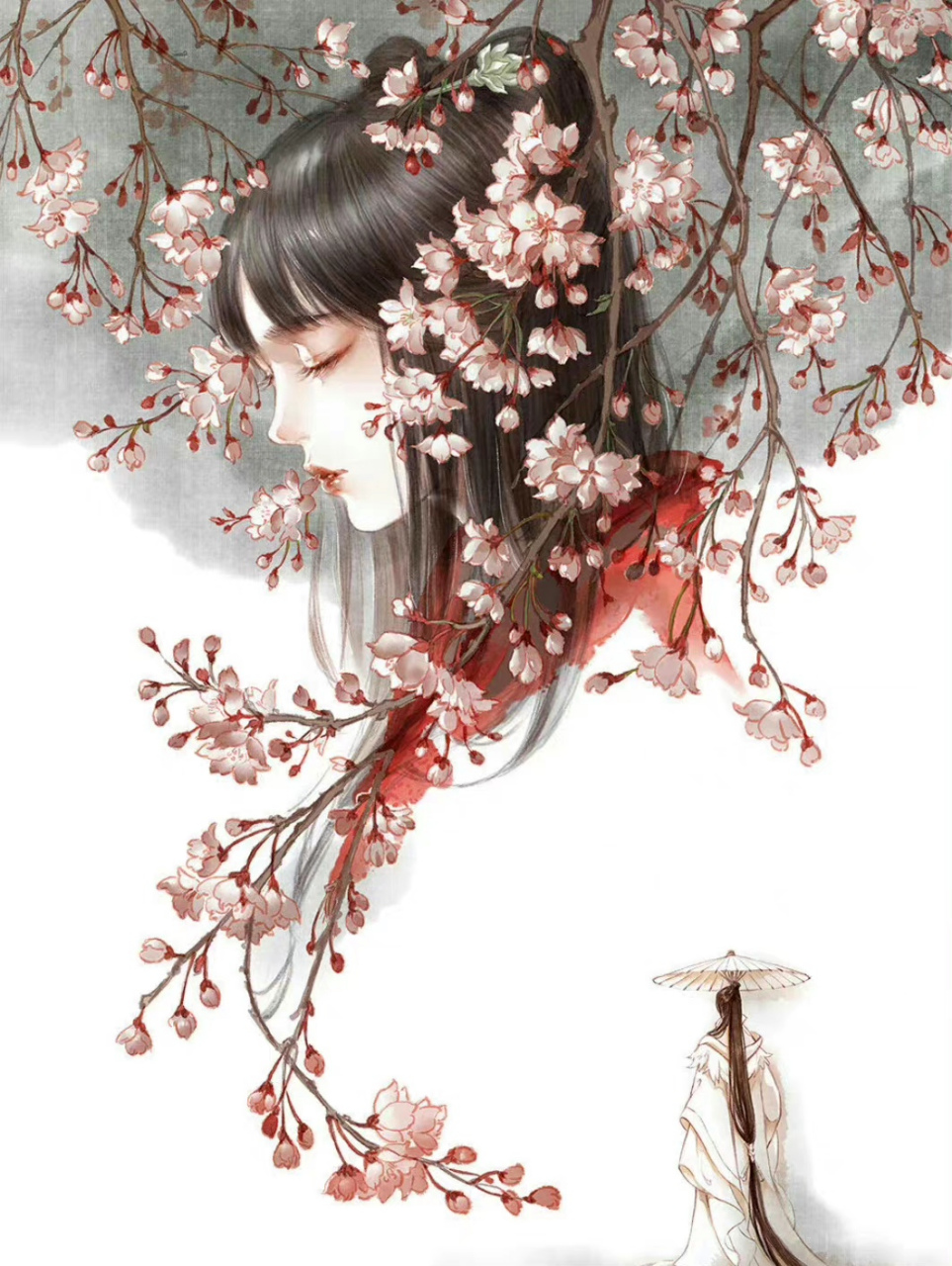 古戈力老师古风插画作品欣赏,红装半面与古佛.