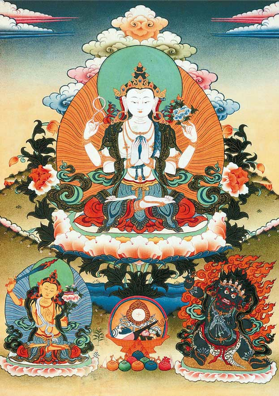 密宗三怙主   布本设色唐卡 清代 西藏  这幅唐卡所绘,是以四臂观音为