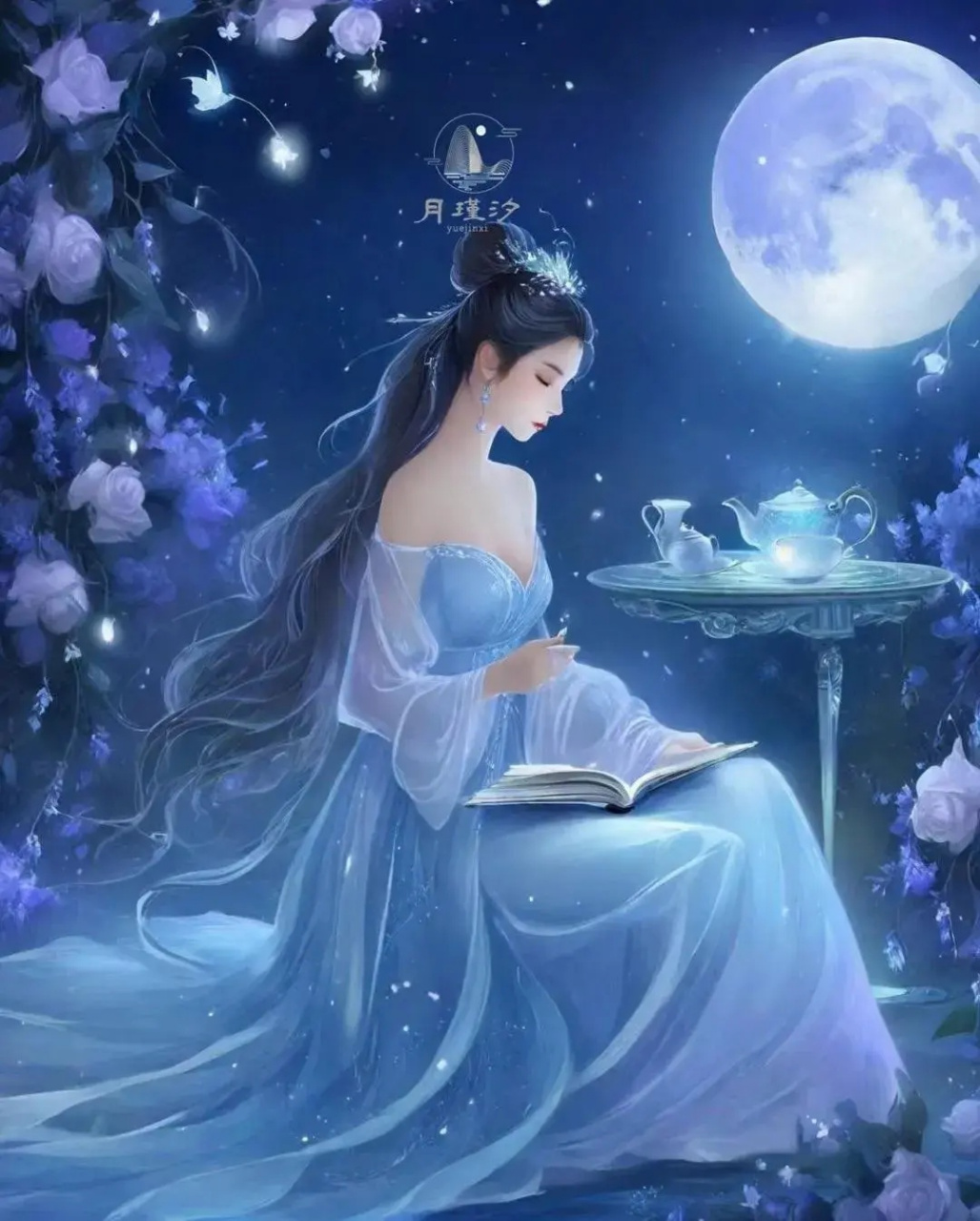 蓝色系古风插画分享,清冷美人