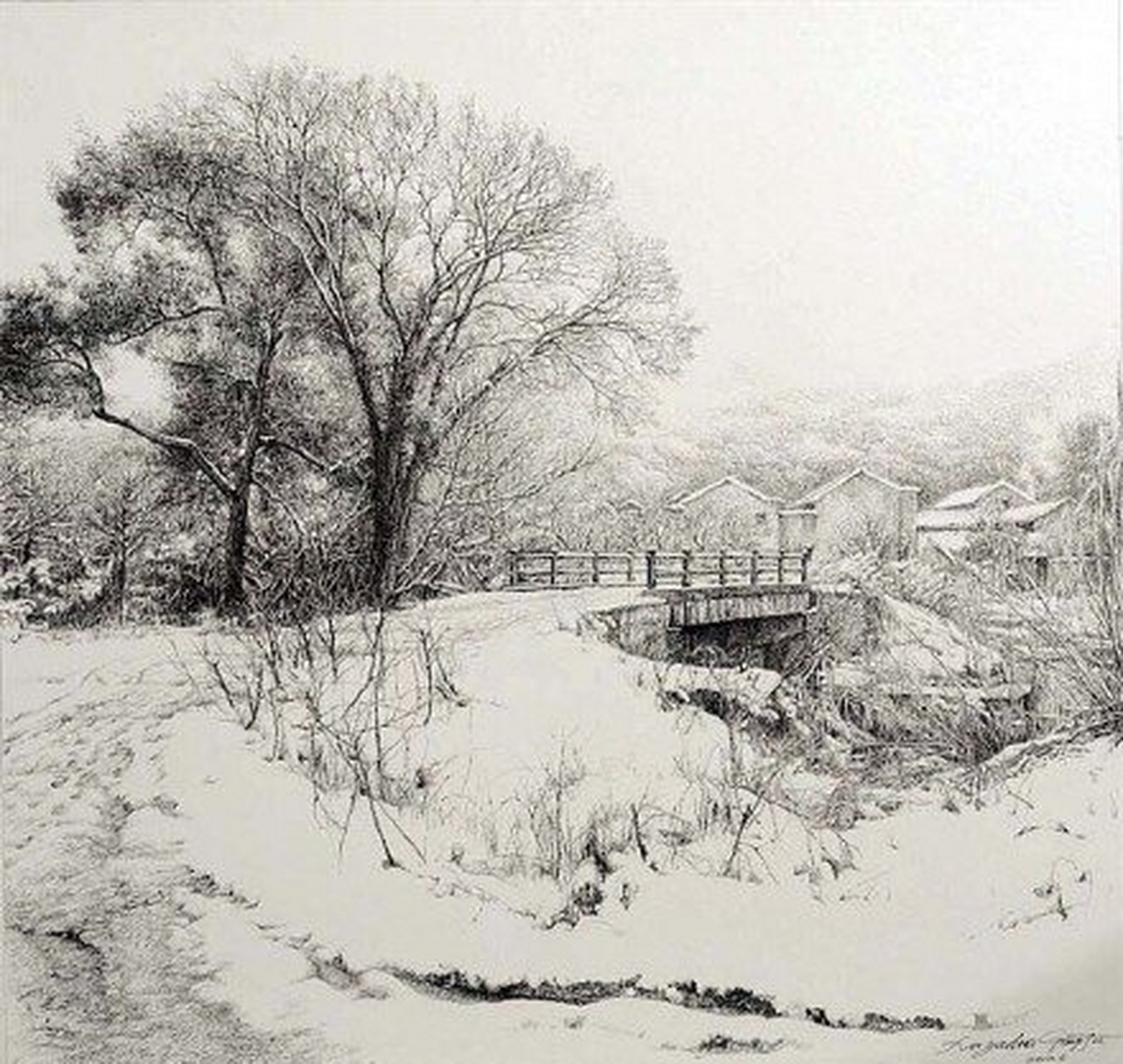 画家徐亚华钢笔画作品欣赏,描绘了冬日的雪景.#动漫# #插画# #二次元