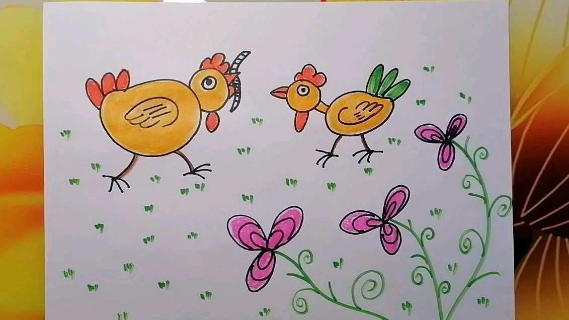 草丛里的两只土鸡儿童画