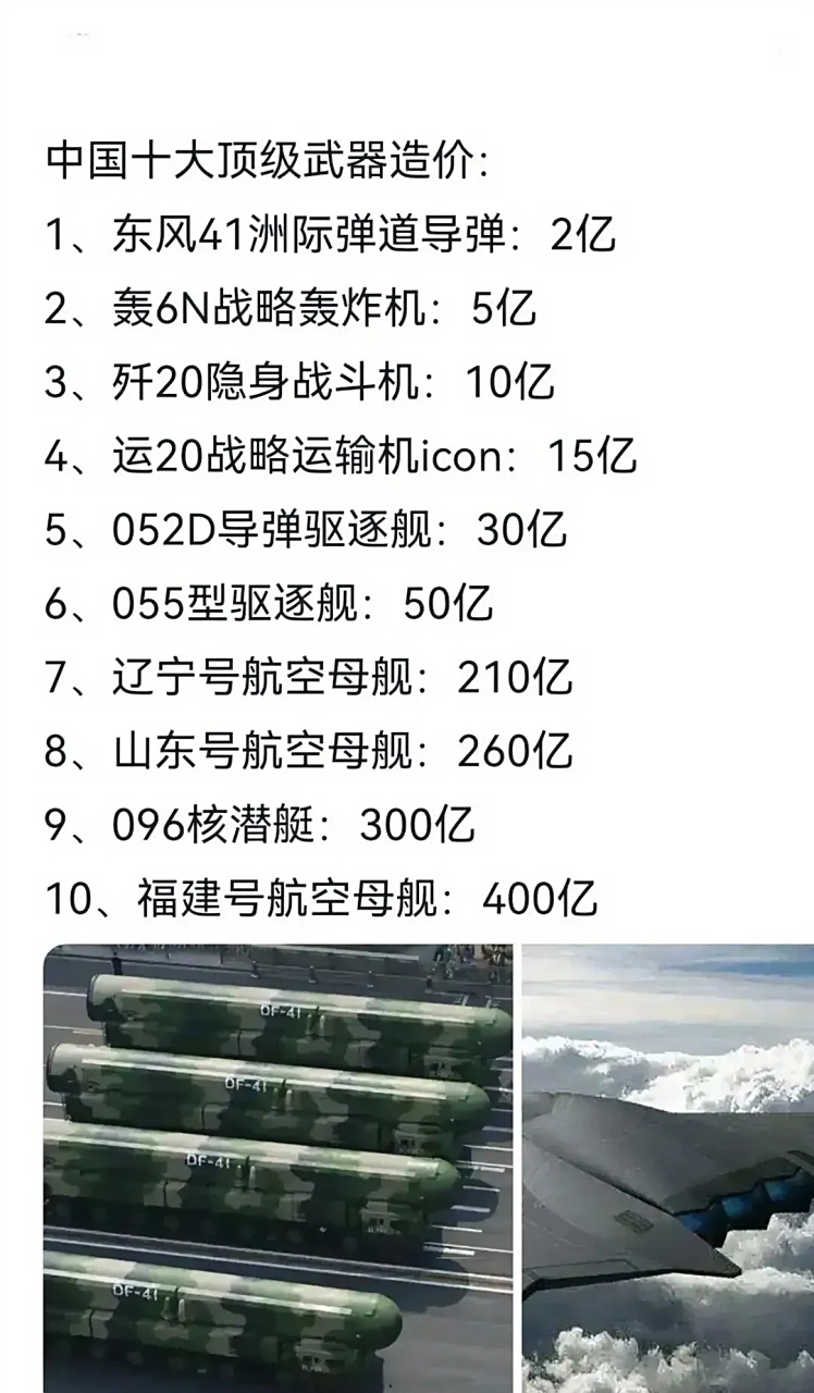 你知道中国十大顶级武器造价吗?一艘辽宁舰航母居然=105枚东风41.