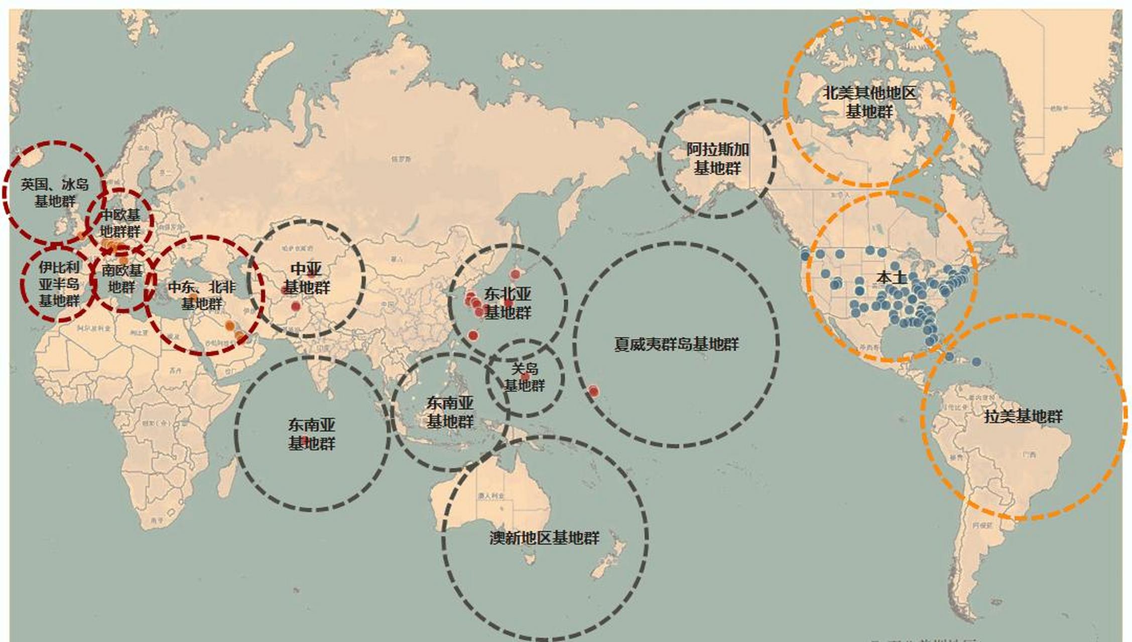 美国是全世界最不安全的根源  美国在全球分布了800多个军事基地,尤其