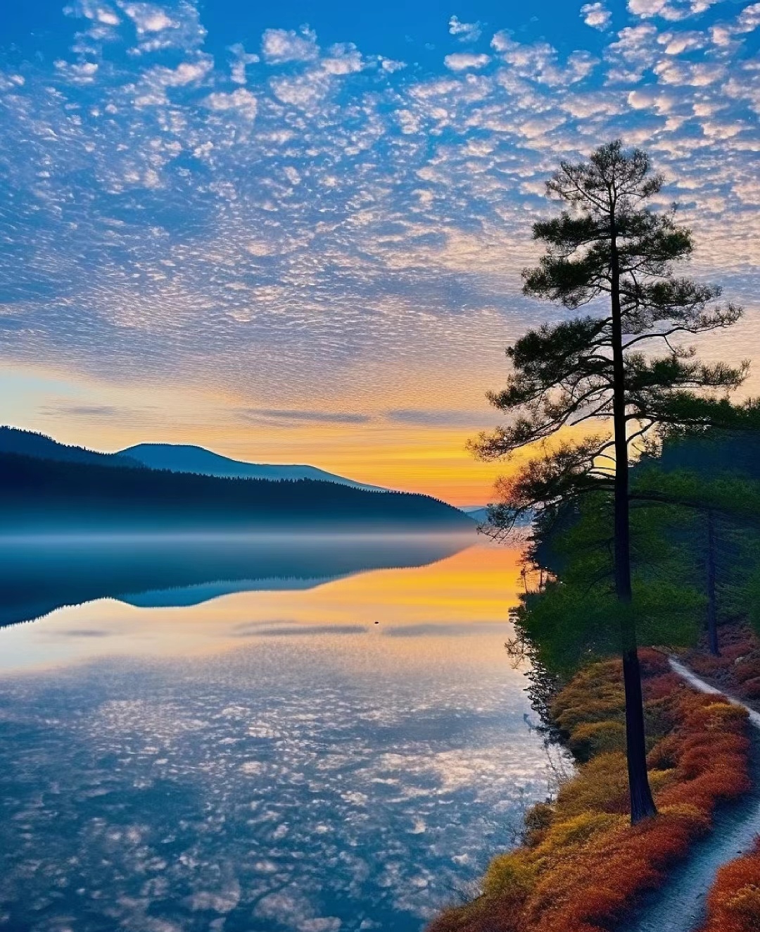 傍晚时分,夕阳洒在湖面上,波光粼粼,犹如一颗颗闪耀的宝石