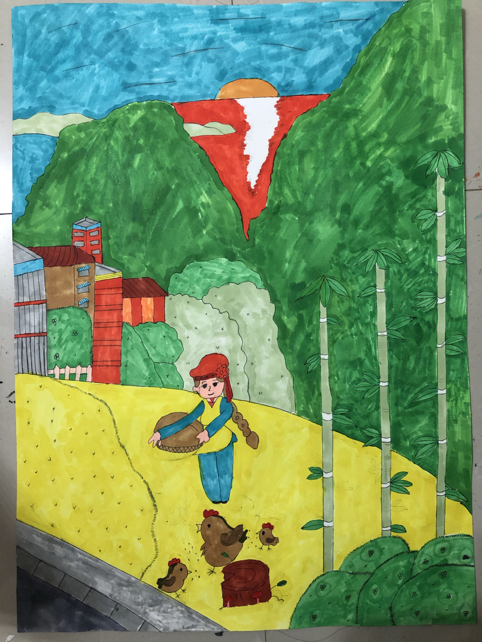 四年级学生画的这幅画《我的家乡》应该得多少分?