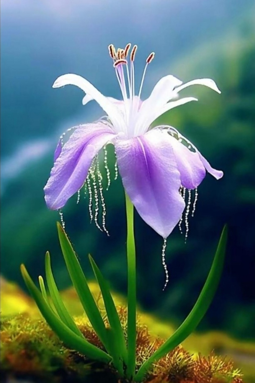 分享图片:自然界的奇花异草  图片依次为:独蒜兰,鸢尾,麝香百合和倒挂