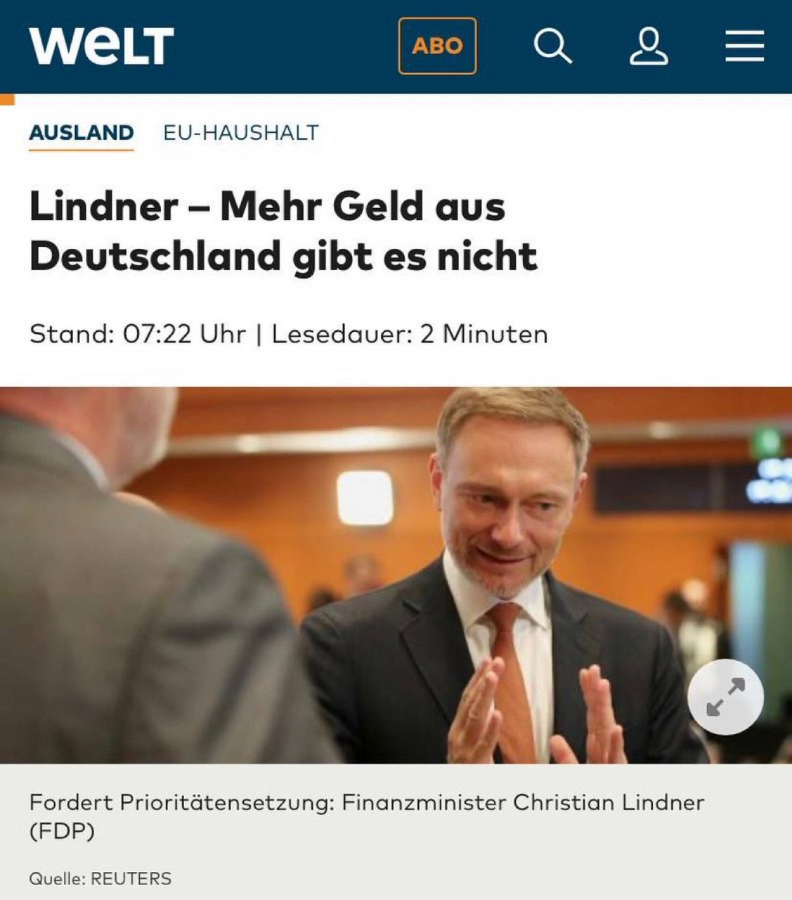 《世界报》:德国因援助乌克兰而耗尽了欧盟的资金  德国财政部长