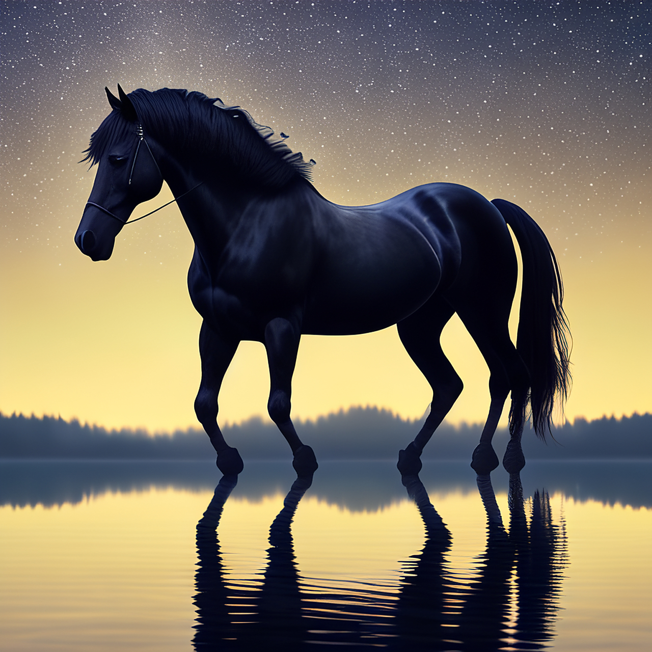 宁静的星月夜,平静的湖面,一匹孤独的黑马在水面上行走,它时而驻足