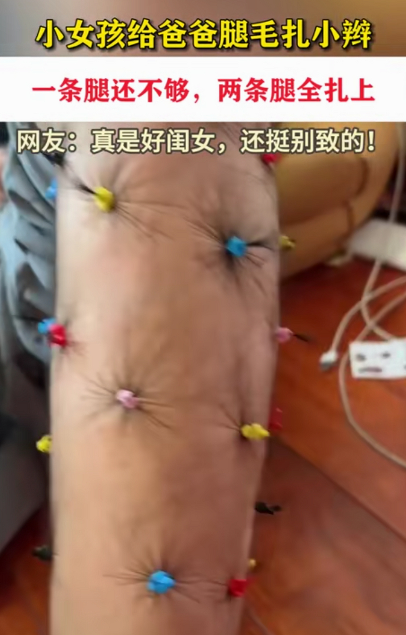 女孩给爸爸的腿毛扎成了小辫子,没想到还挺好看.