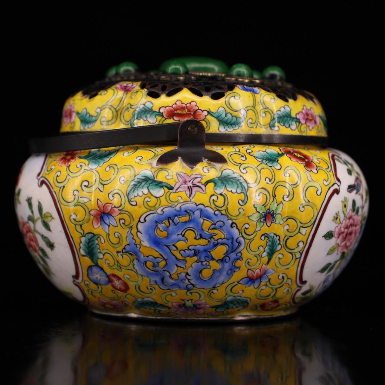 珍藏清代宫廷御用老纯铜纯手工打造镶嵌宝石彩绘景泰蓝珐琅彩暖手炉