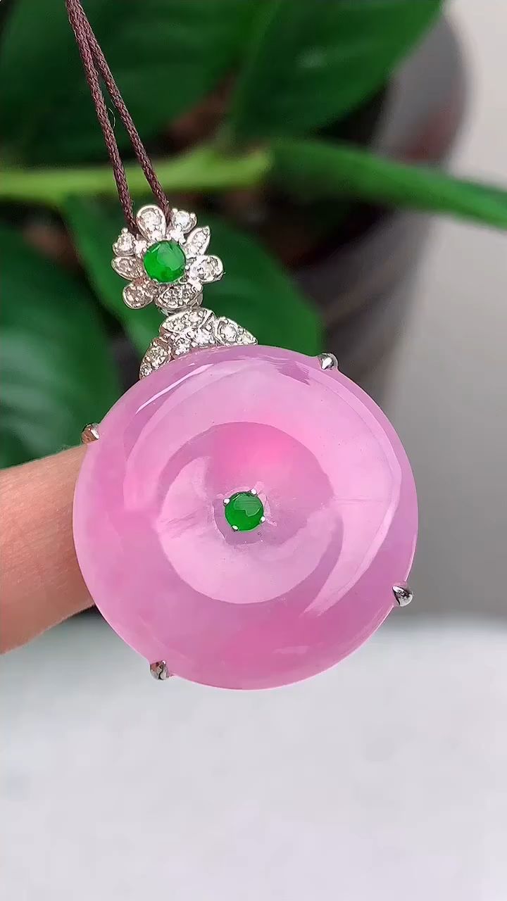天然a货翡翠 g 476 18k金伴钻镶嵌冰种粉紫平安扣吊坠 玉质细腻 种水