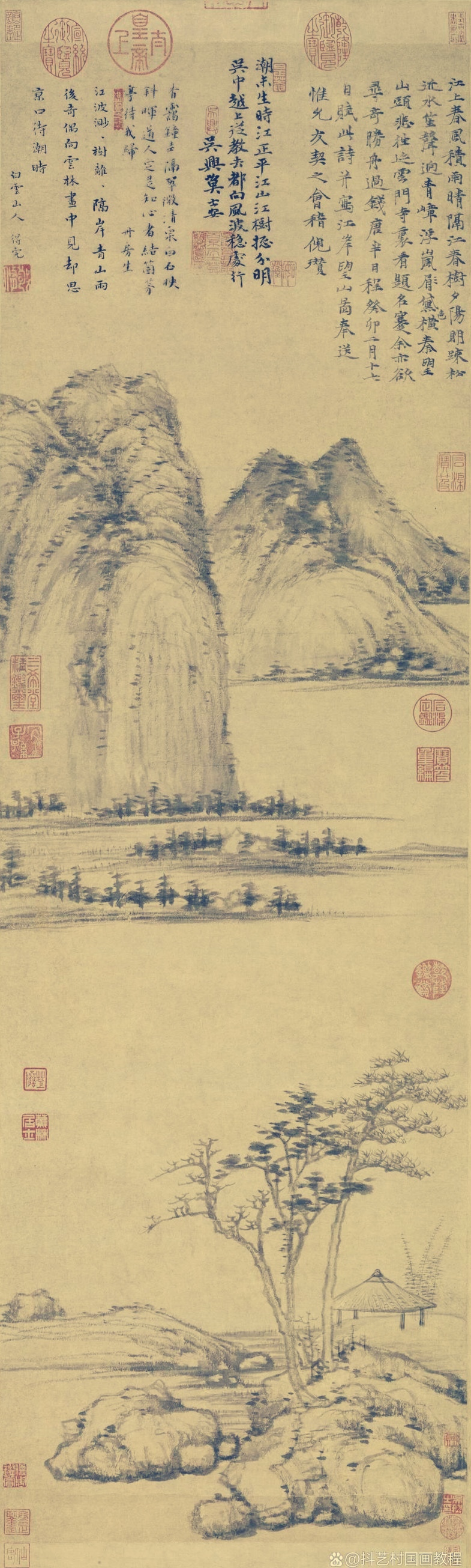 中国山水画经典作品欣赏:元代/倪云林【三】《江岸望山图》/《溪林山