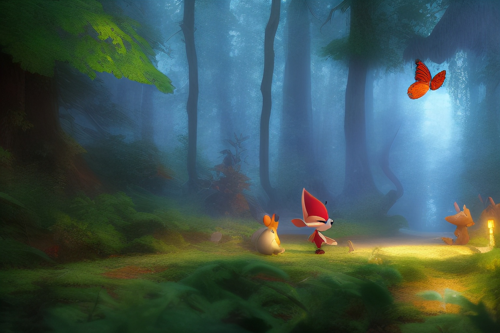 皮克斯画风,精灵鼠漫步在森林