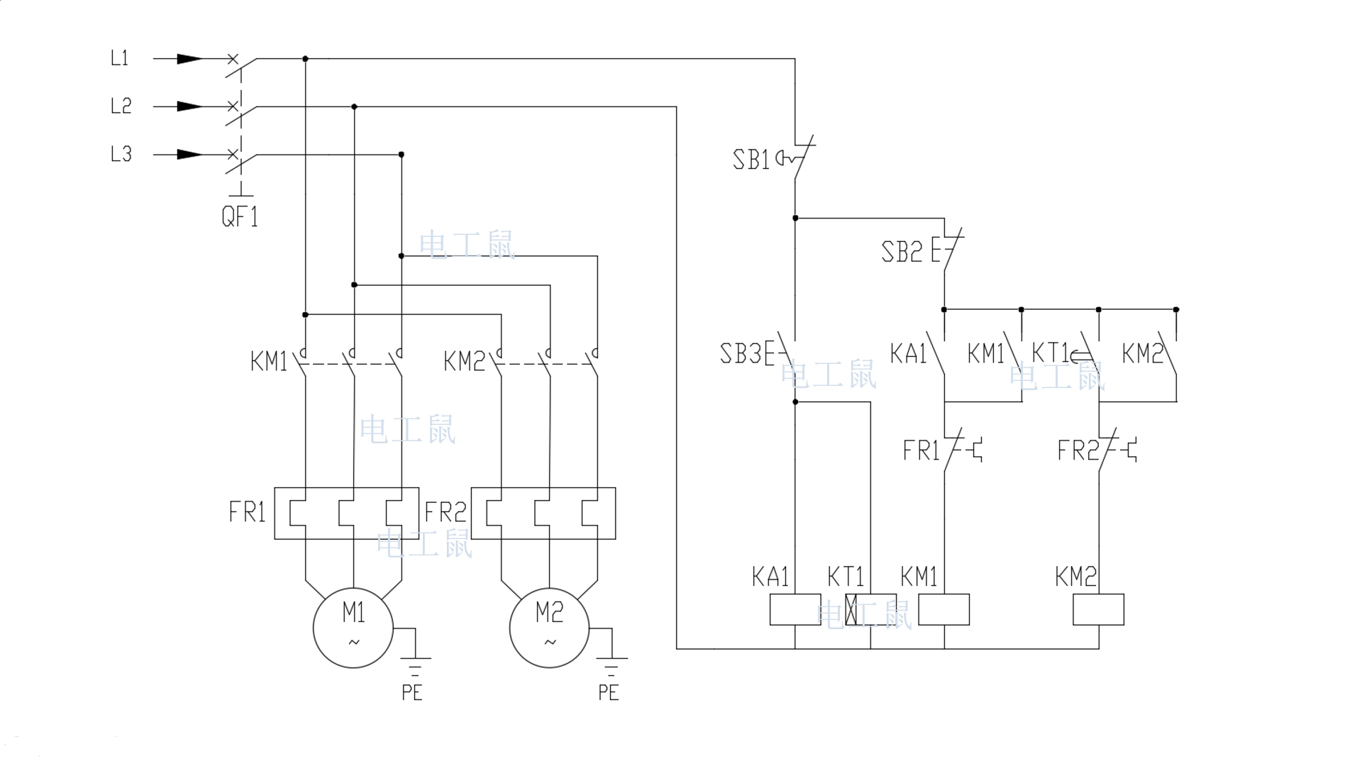 电工电路分享 功能 一个按钮开关根据工况控制两台电机