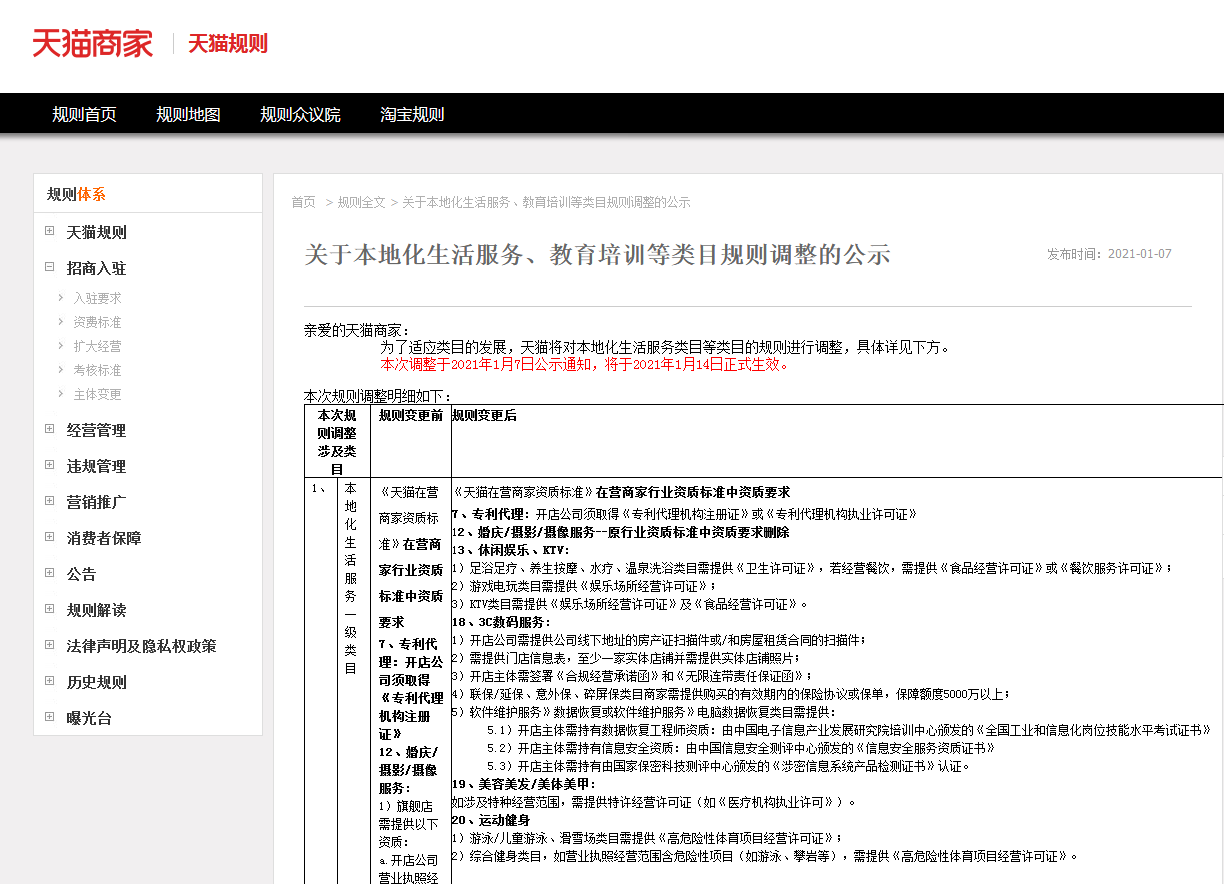 2021年天猫首次发布关于本地化生活服务,教育培训等类目规则调整