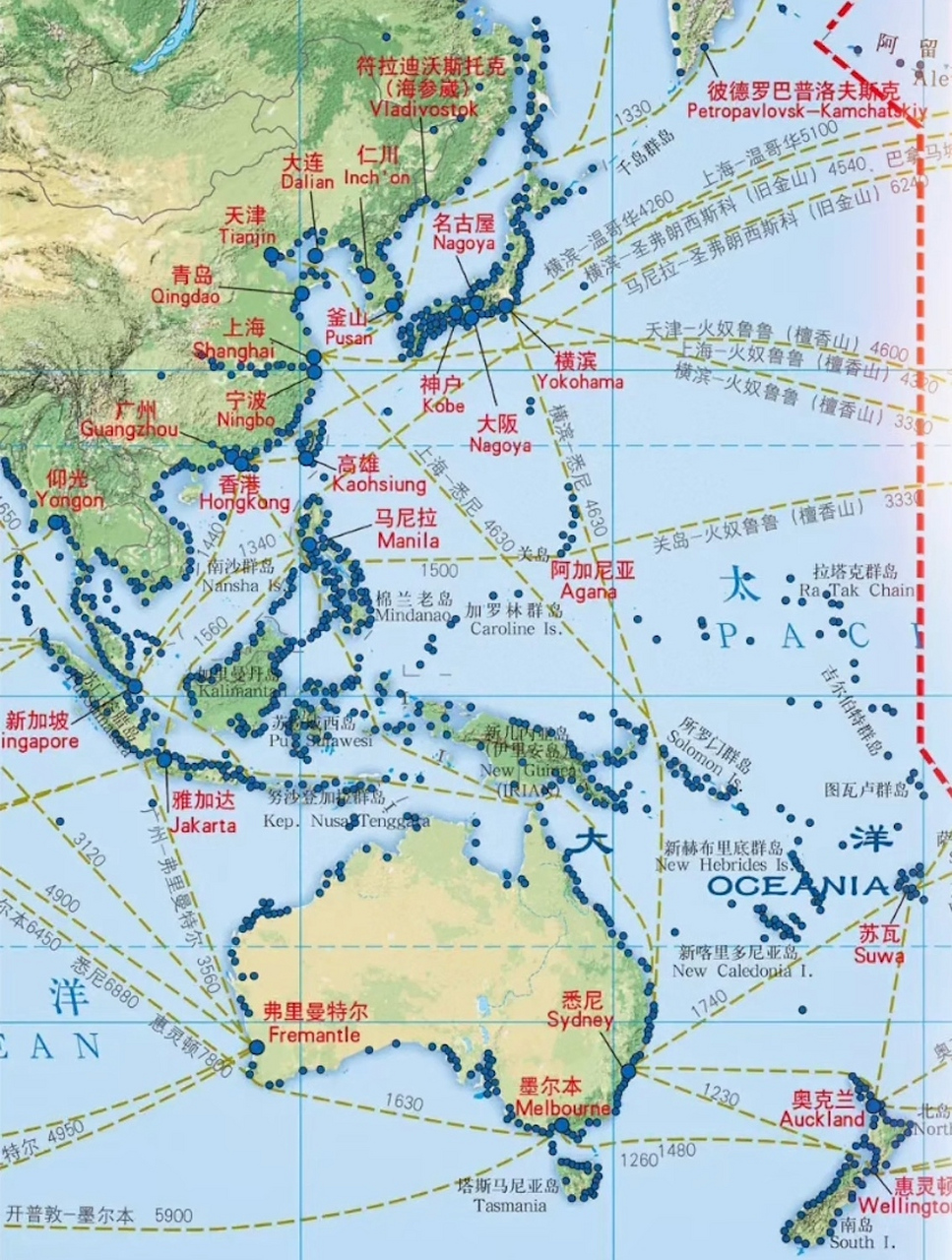 西太平洋的港口分布示意图
