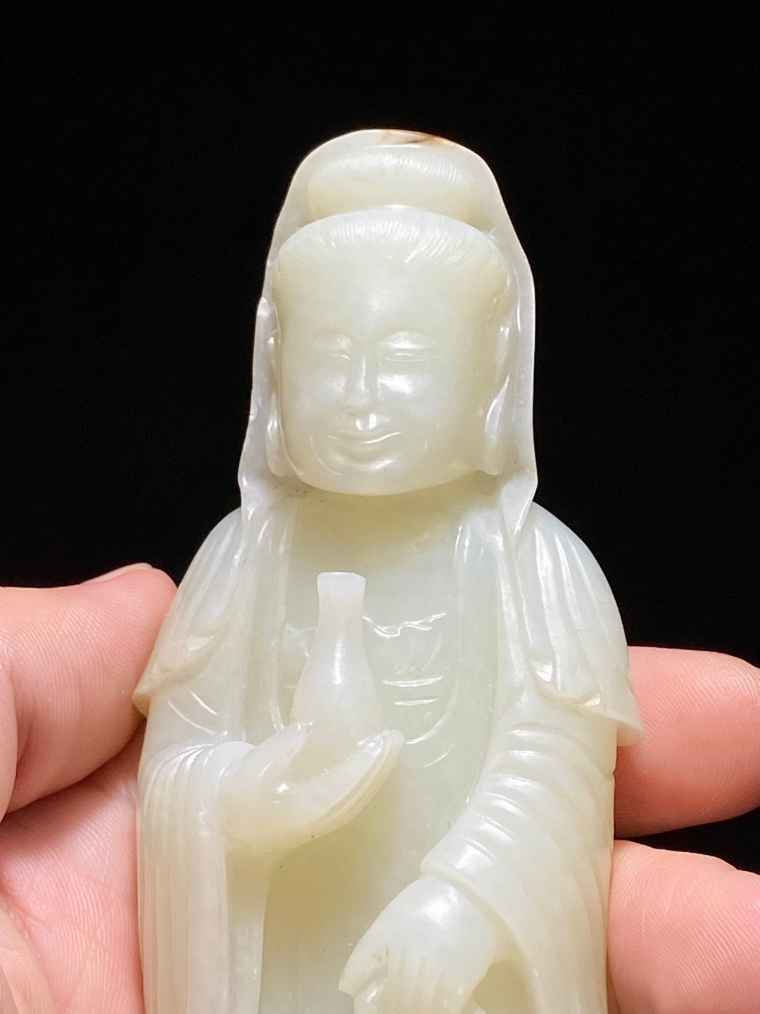 清 和田玉籽料 白玉 持净瓶 观音菩萨 立像 摆件
