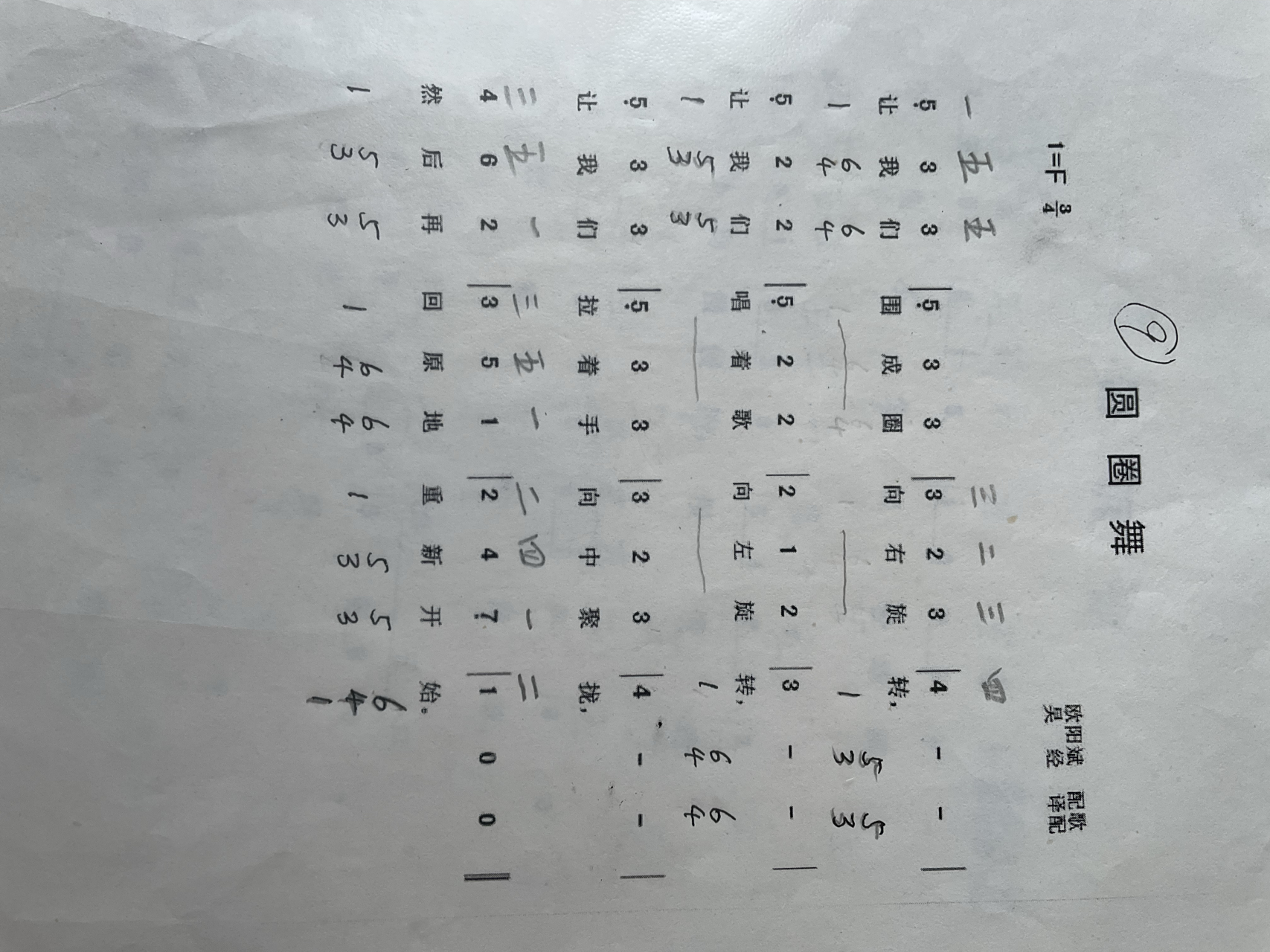 儿歌《圆圈舞》的谱子.简谱上方是右手指法.下面是左手伴奏和弦.