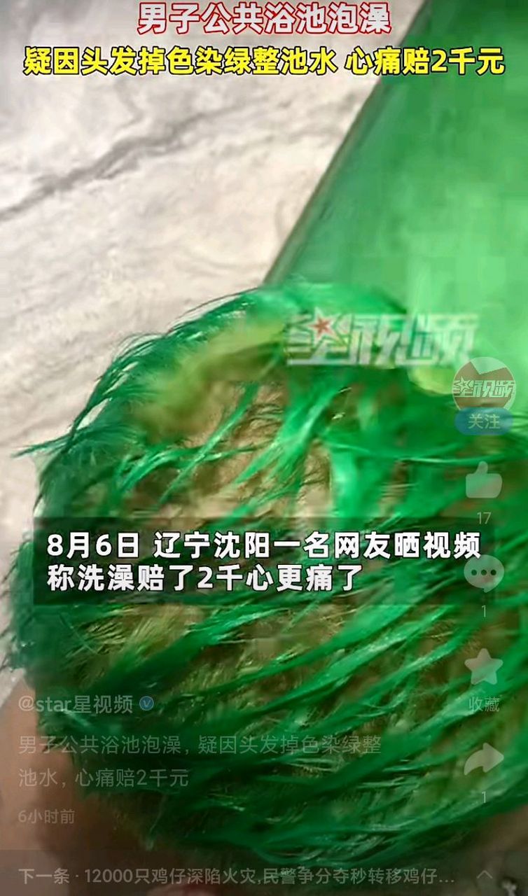 辽宁一男子刚染的绿色环保发型,有朋友请他去泡澡