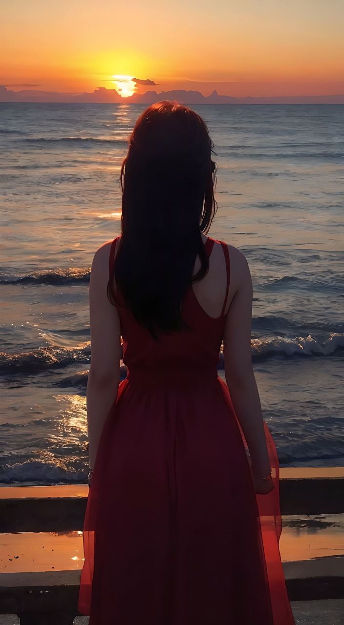 ai绘画关键词: 在海边看日出,((一个女孩酒红色连衣裙,))女孩看向大海