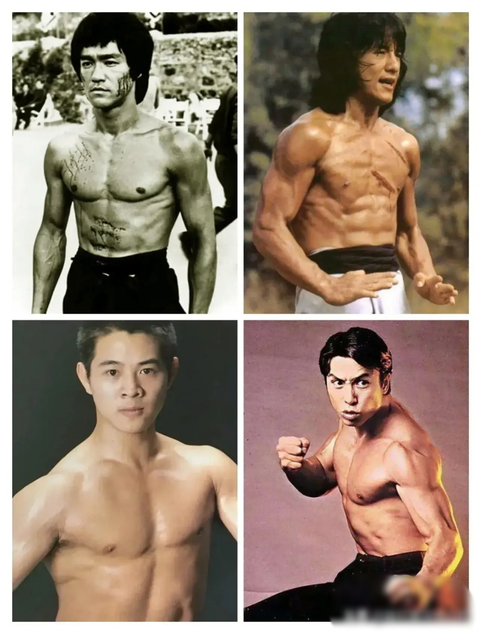 巅峰时期四个人肌肉对比图 李小龙,成龙,李连杰,甄子丹.
