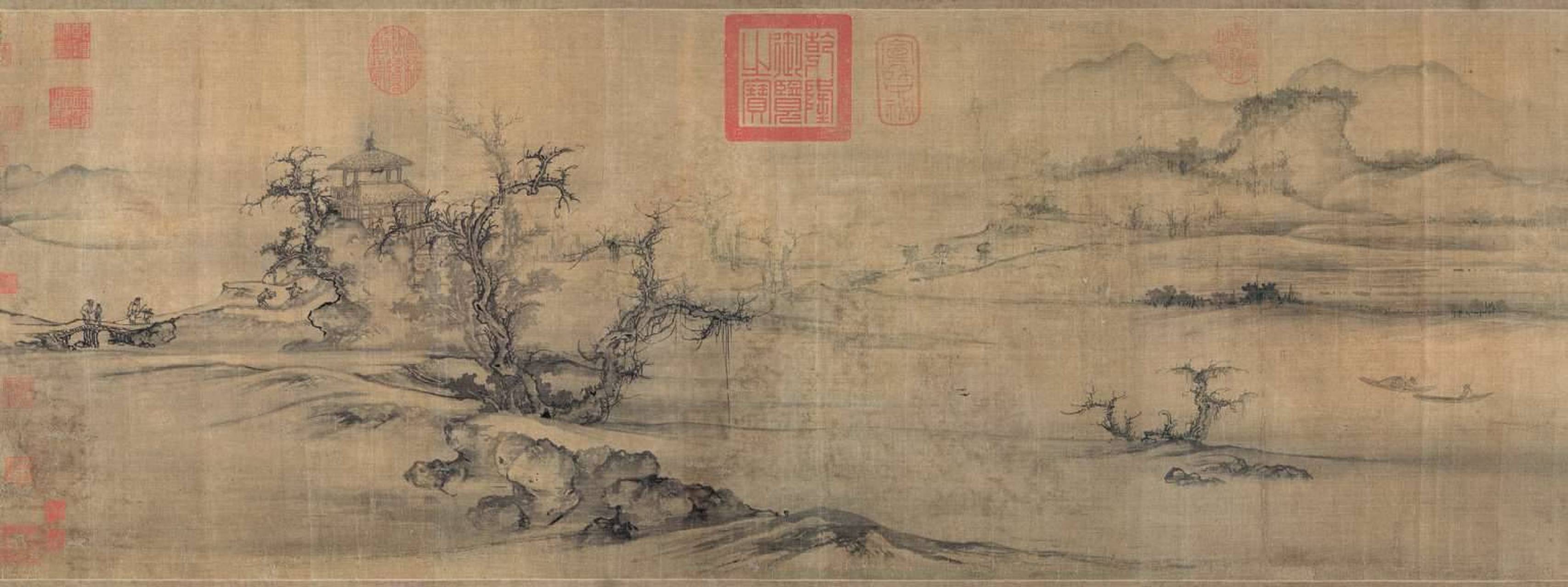 《树色平远图》长卷,绢本淡设色,纵32.4厘米,横104.8厘米,北宋郭熙作,