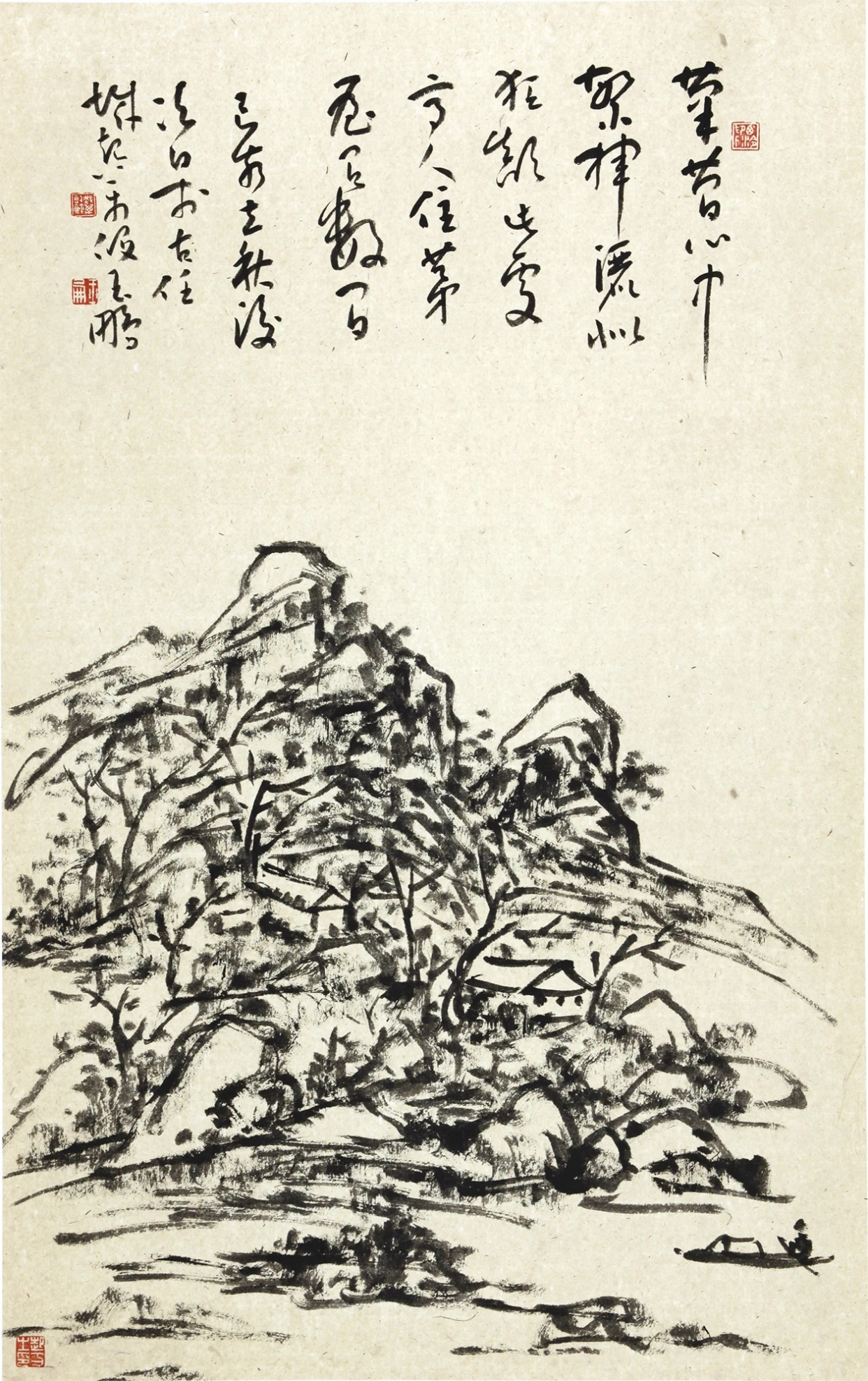 段玉鹏的山水画,善用干笔焦墨,意境清远枯淡,苦学派!