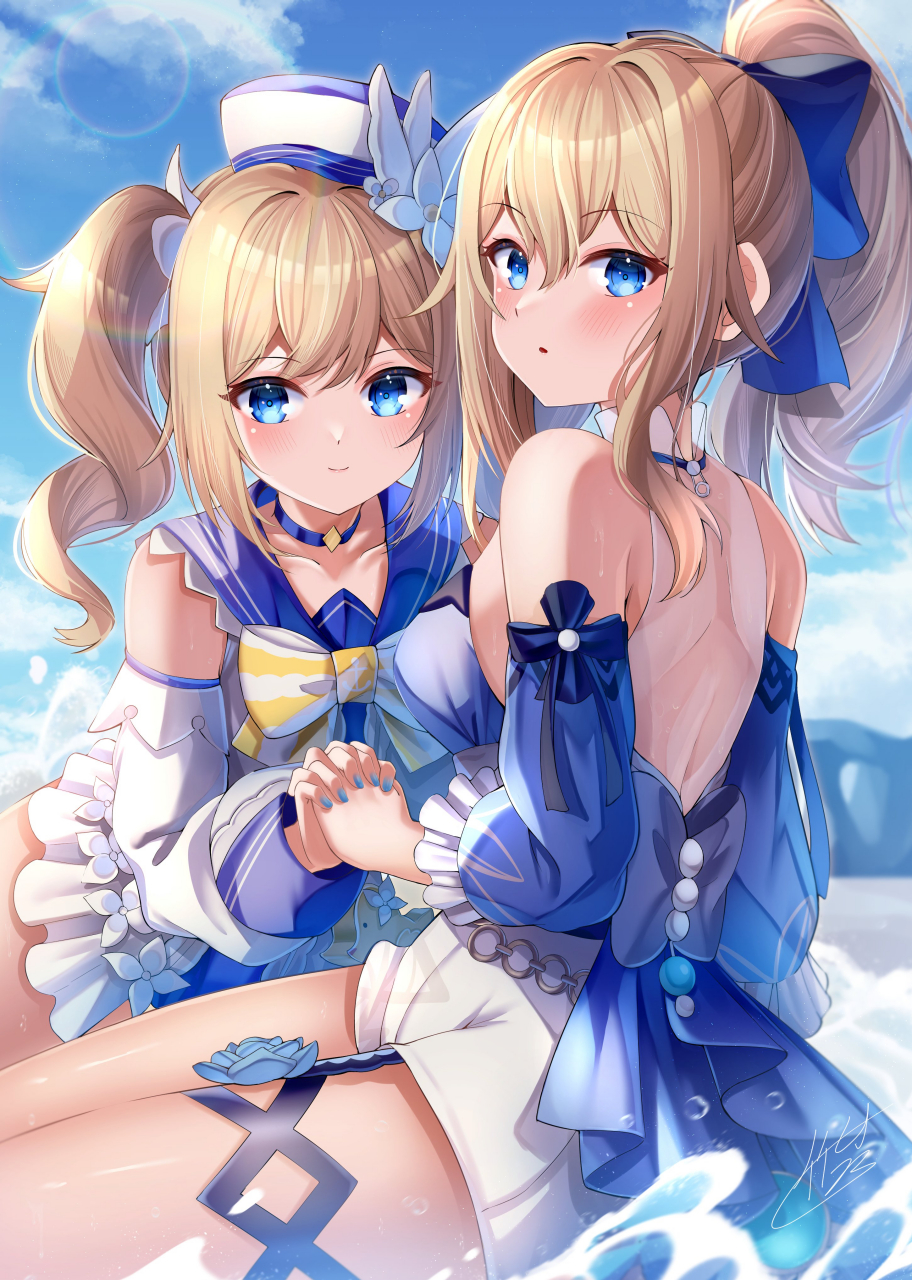 芭芭拉与琴团长,在海滩边玩耍的可爱姐妹花[爱你] 画师:竹村コウ