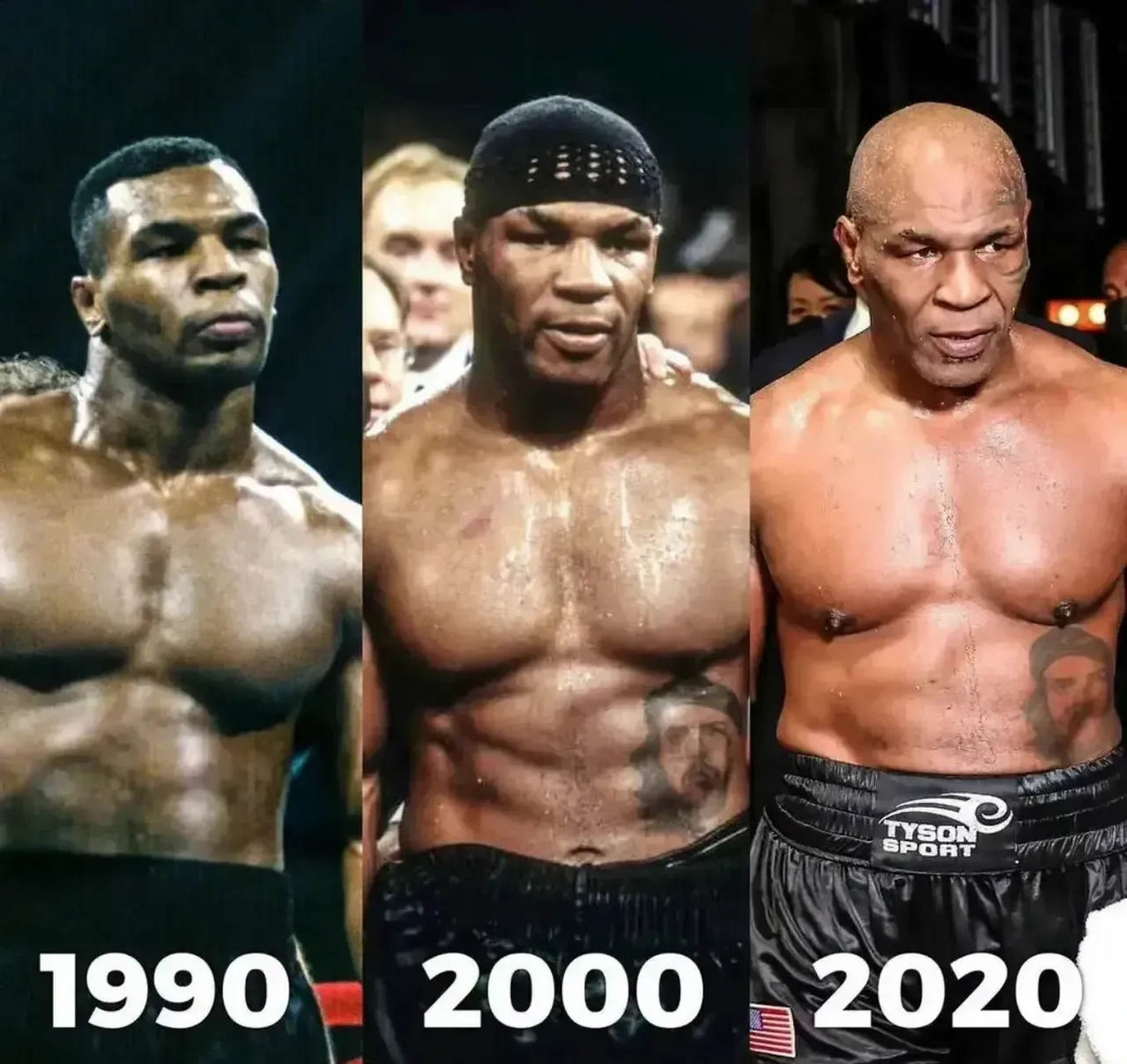 泰森,绝对的自律, 看看他从1990年到2020年的体型变化, 你就明白,一个