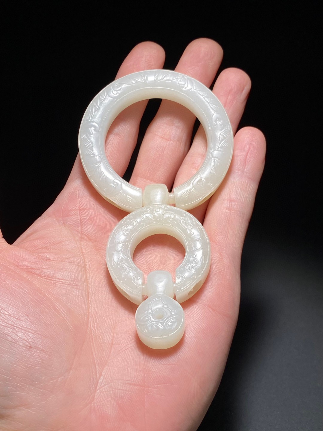 清乾隆 和田玉籽料 白玉 北斗图 三连环 玉佩 挂件