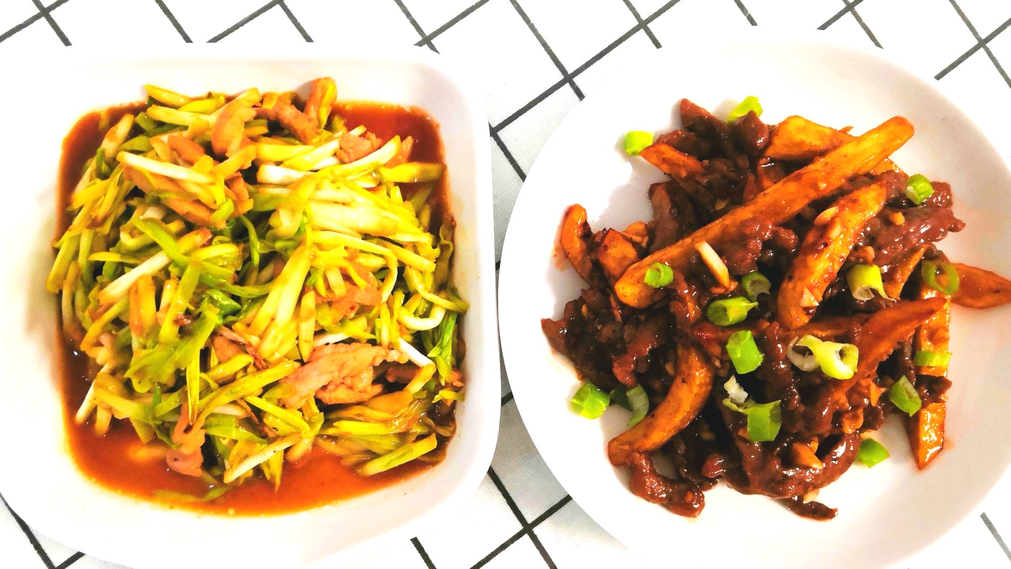 今日菜单:大人小孩都喜欢的蒜香牛柳烧薯条和滋味浓郁的蒜苗肉丝