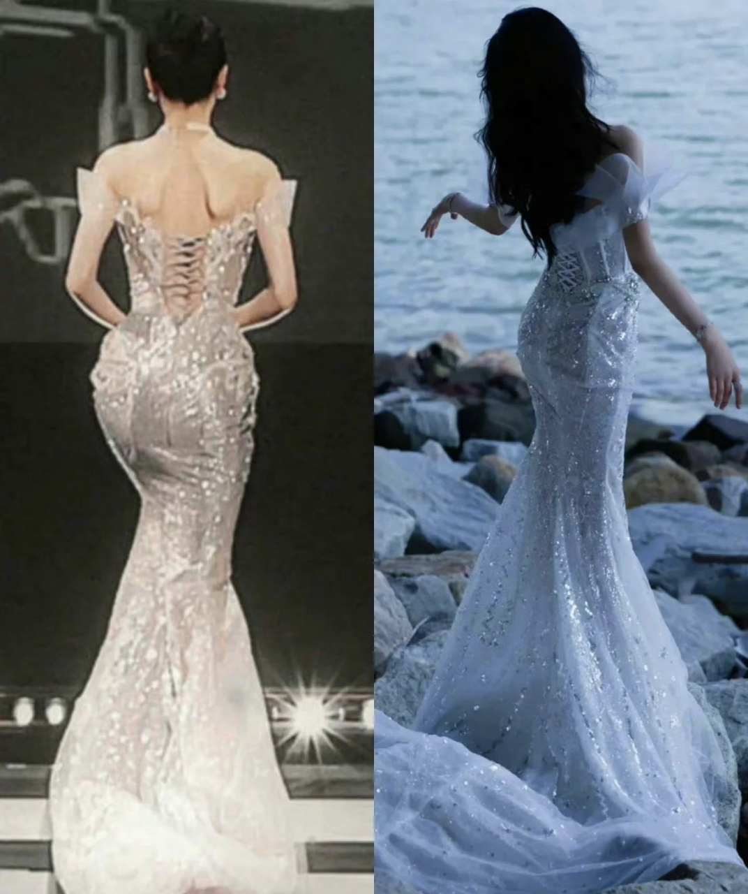 迪丽热巴和李沁穿同类型的包臀鱼尾裙,迪丽热巴赢麻了,不捂胸大胆展现