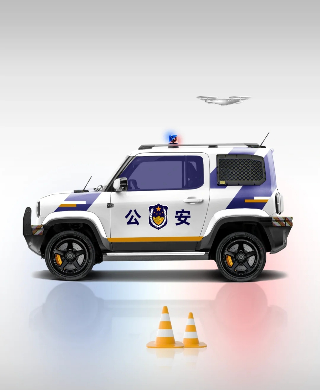 五菱宝骏悦也的警车涂装效果出来了,仔细看,还配套了无人机,另外刹车