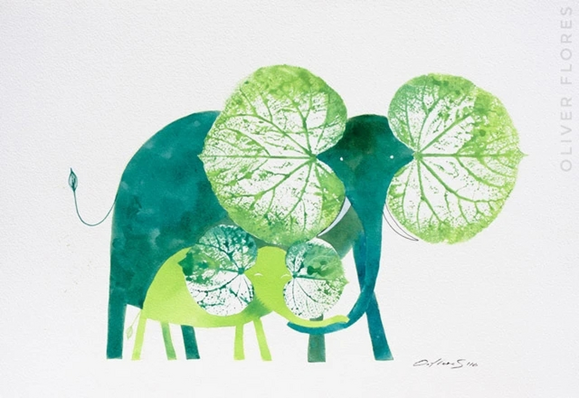 oliver flores利用不同形状的树叶拓印的水彩画,很好的将树叶与动物