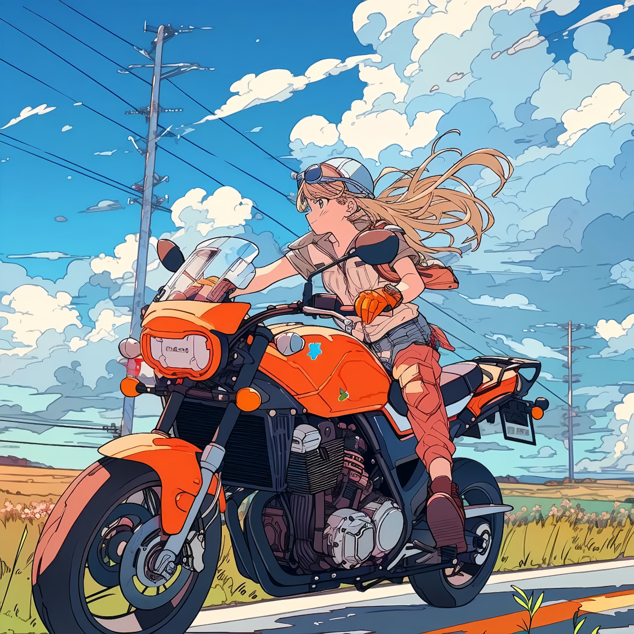 年轻的女孩骑着摩托车悠然行驶在乡村的公路上,她的身影与大自然融为