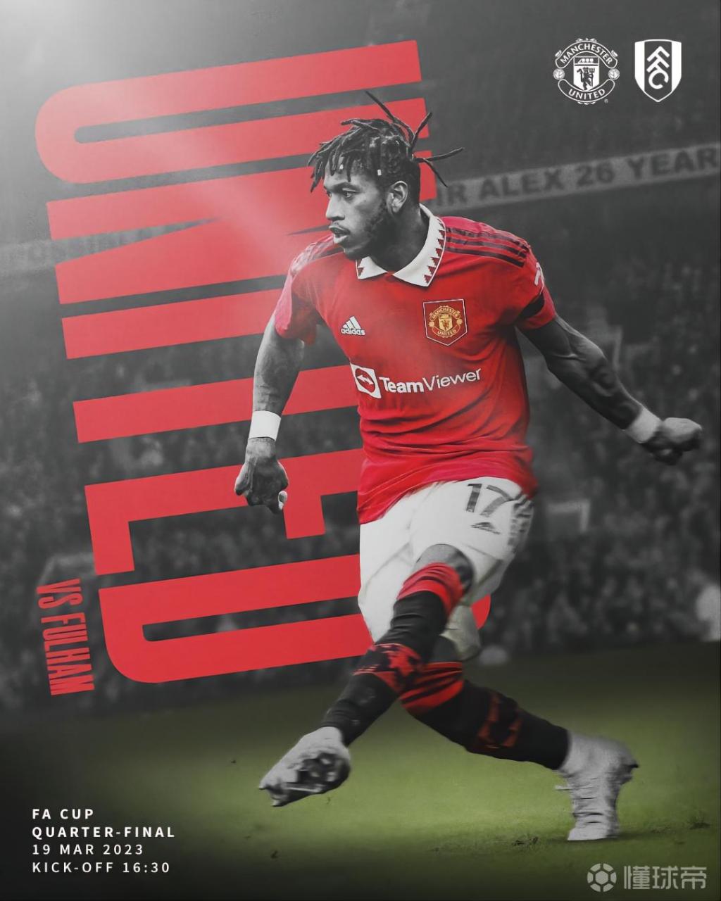 冲击四强,曼联官方发布足总杯海报:弗雷德单人出镜  足总杯1/4决赛