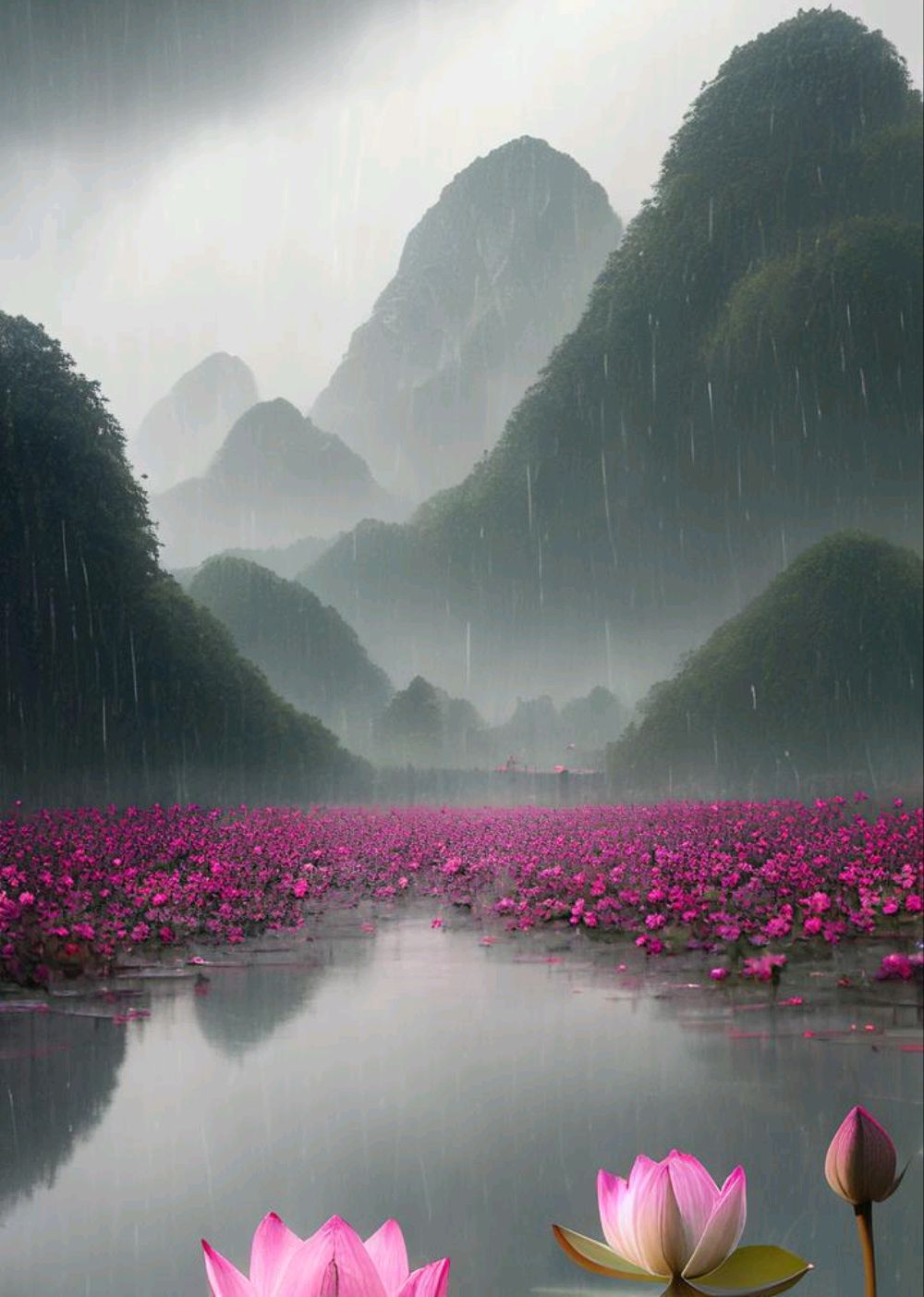 ai绘画绝世美景︳雨中莲花真的好美