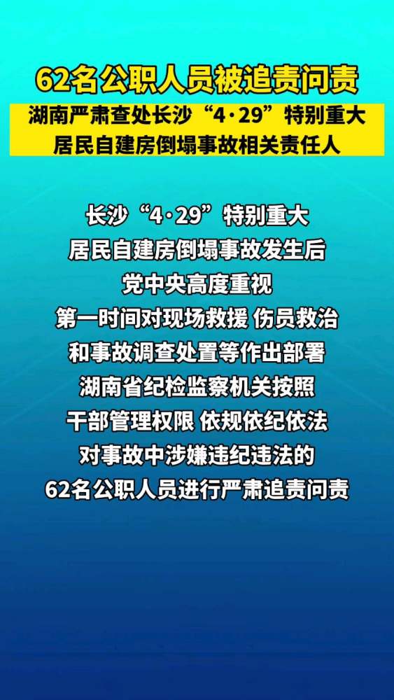 62名公职人员被追责问责 !严肃查处长沙“4ⷲ9”特别重大居民自建房倒塌事故相关责任人