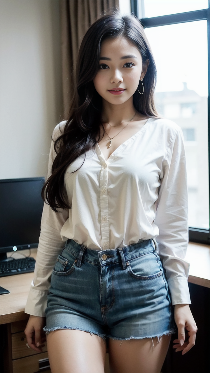 穿上衬衫和牛仔短裤的清纯女孩惊艳甜美想不爱都难