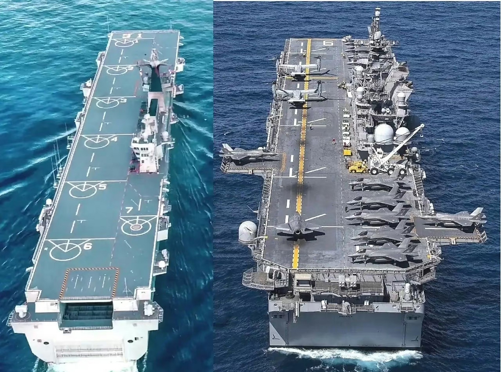 075两栖攻击舰和美国级两栖攻击舰对比,075的舰体似乎比美国级更窄,但