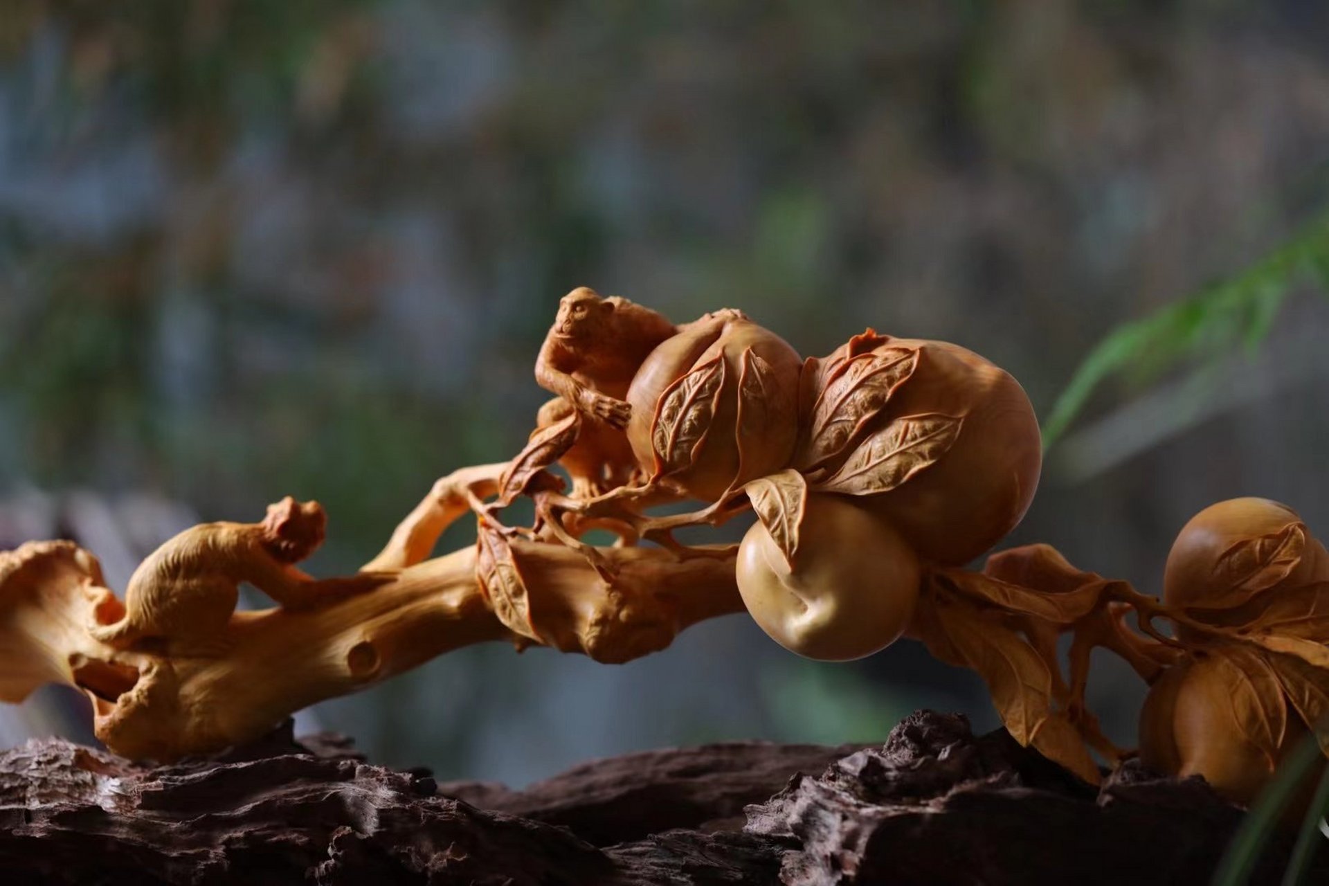 小叶黄杨|灵猴献寿  小叶黄杨木雕,整料一体,细节处理到位,名师全手工