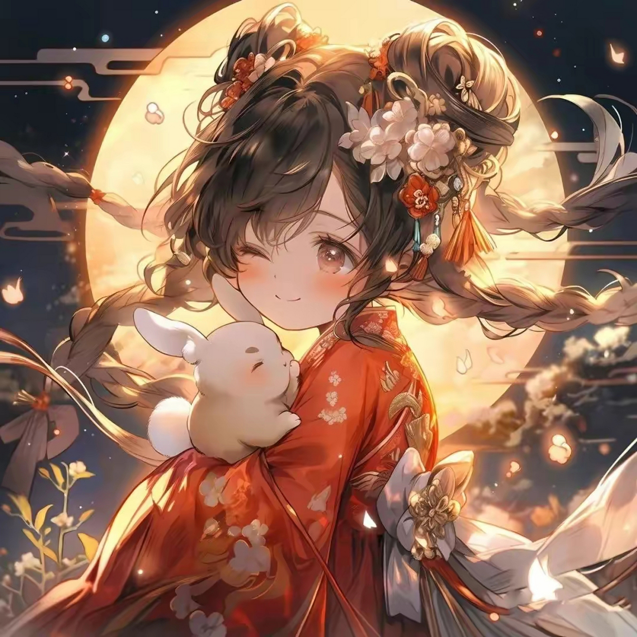 中秋头像,古风可爱小美女和玉兔 #九月动态激励计划