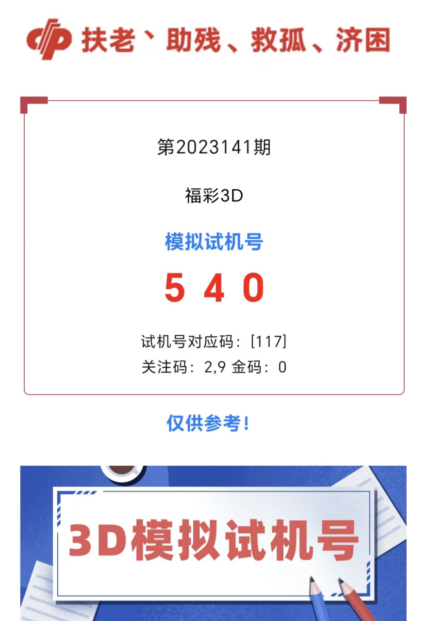 福彩3d模拟试机号——第2023141期,以及近十五期开奖数据期