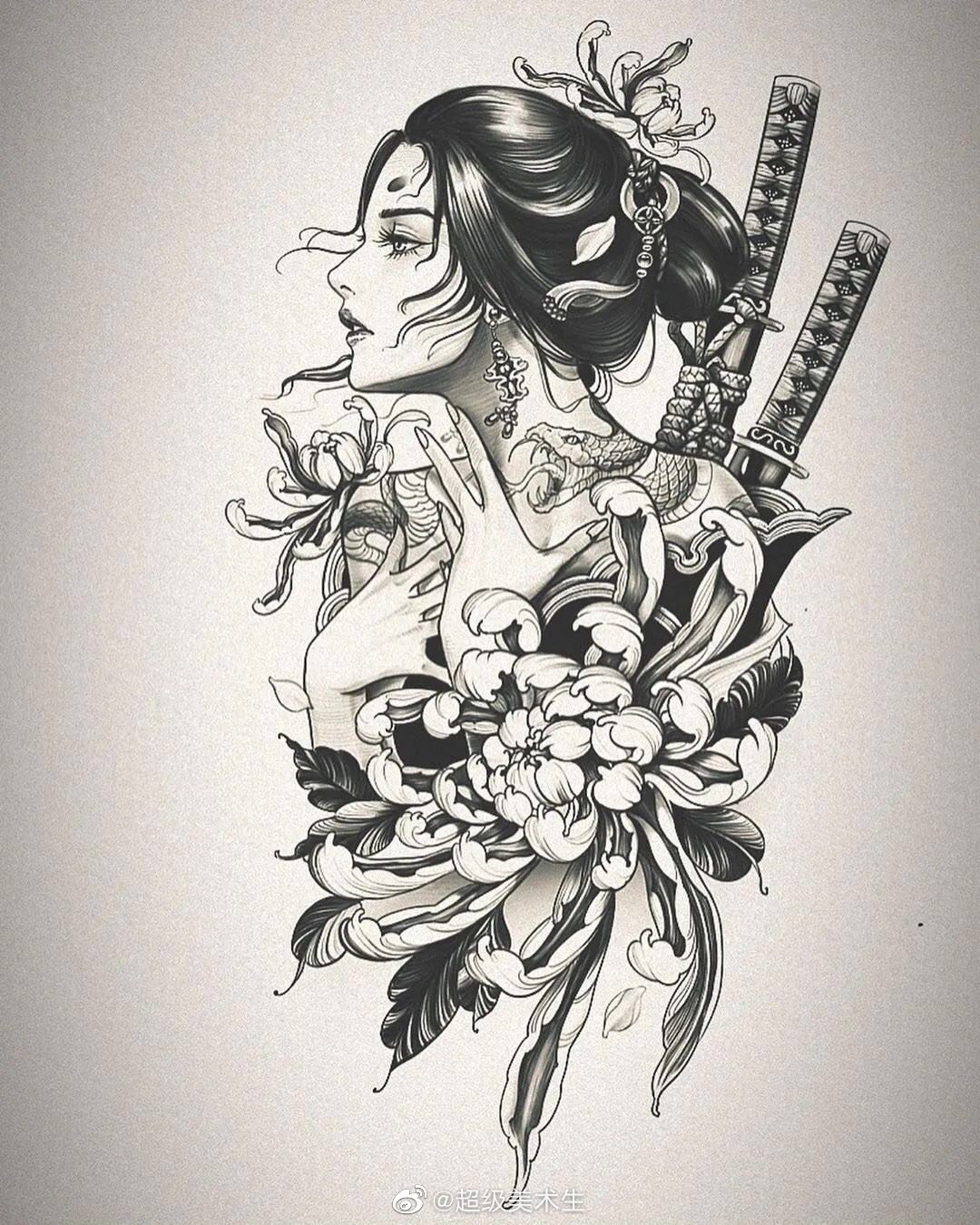 唯美古风黑白纹身女武士插画作品欣赏