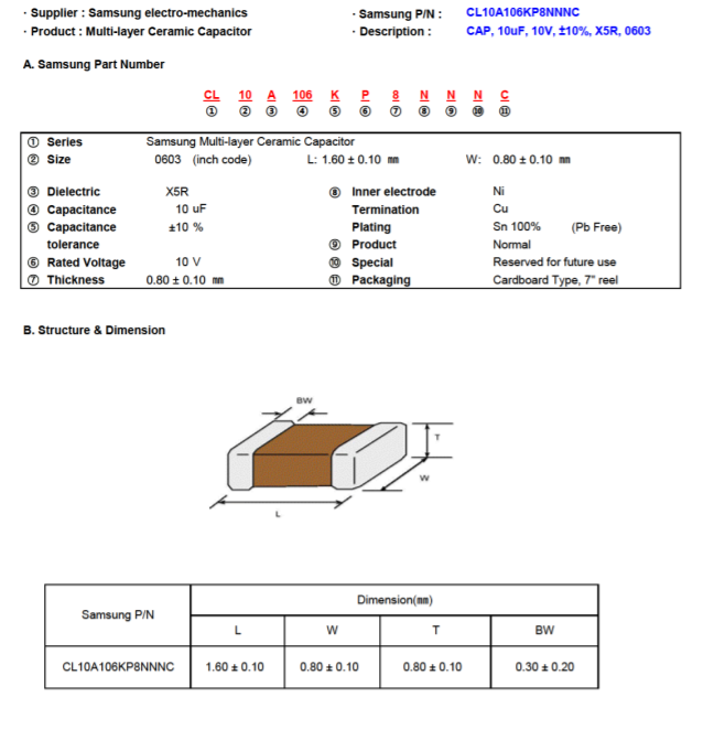 samsung三星mlcc陶瓷贴片电容cl10a106kp8nnnc 0603 10uf x5r材质