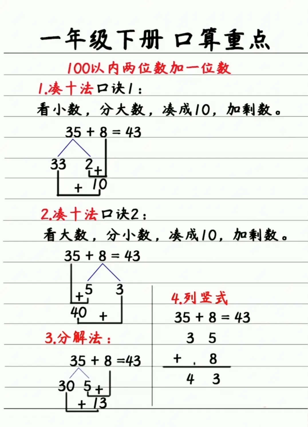 一年级下册数学口算重点